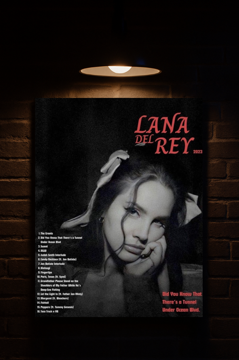 Poster of Lana Del Rey with a dark background and brick wall printed on velvet