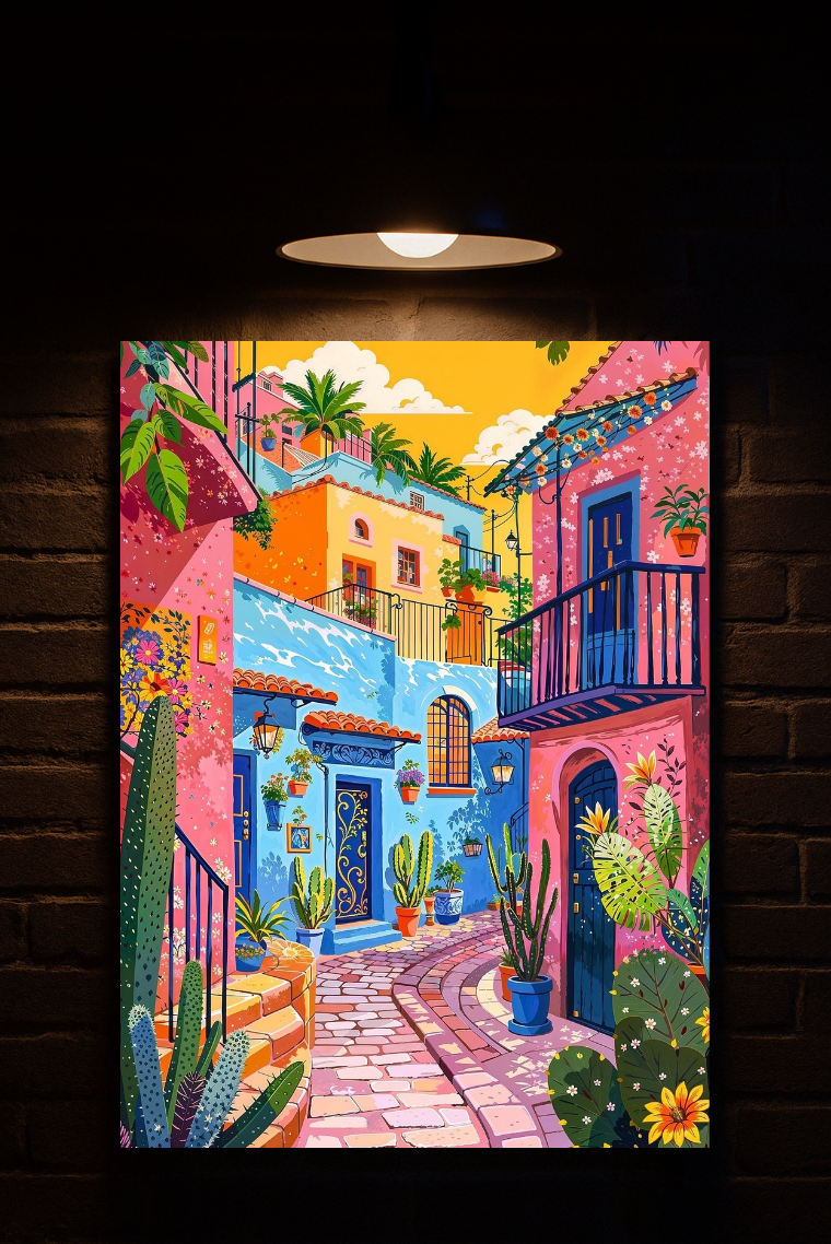 Colorful mural of a street scene with buildings and plants on a brick wall printed on velvet
