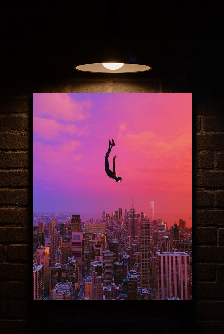 Miles Morales Spiderman falling from sky into New York City skyline with pink and purple hues printed on velvet