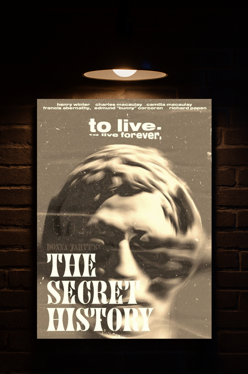 Movie poster for 'The Secret History' with a stylized portrait and text on a dark background printed on velvet