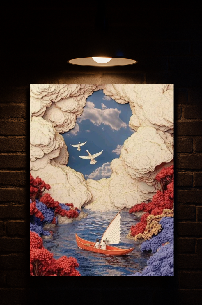 velvet printed framed artwork of a sailboat scene with clouds and birds on a dark wall printed on velvet