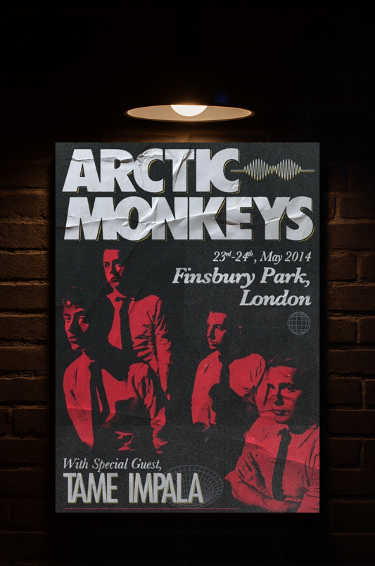 Poster for Arctic Monkeys and Tame Impala concert at Finsbury Park, London on a brick wall background printed on velvet 