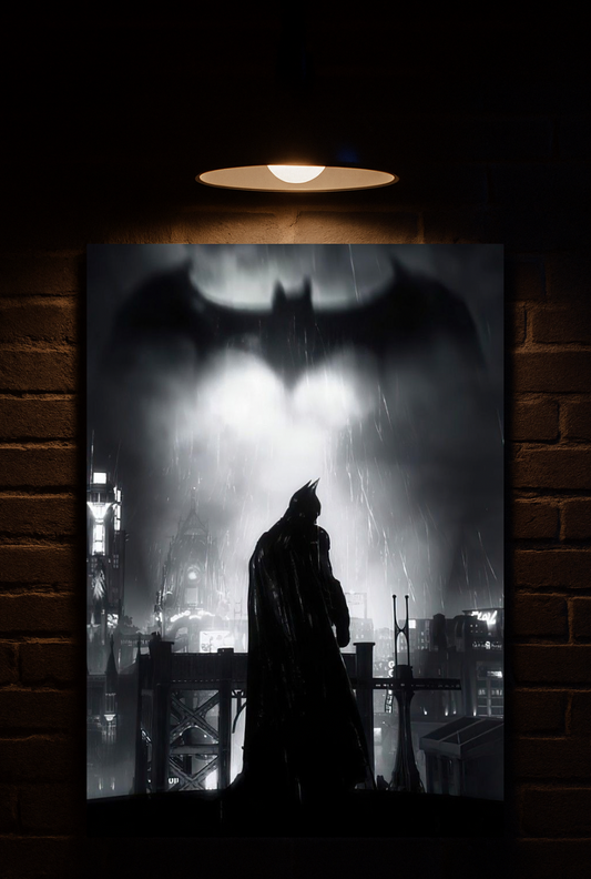 Silhouette of Batman in a cape against a cityscape with a moonlit sky printed on velvet 