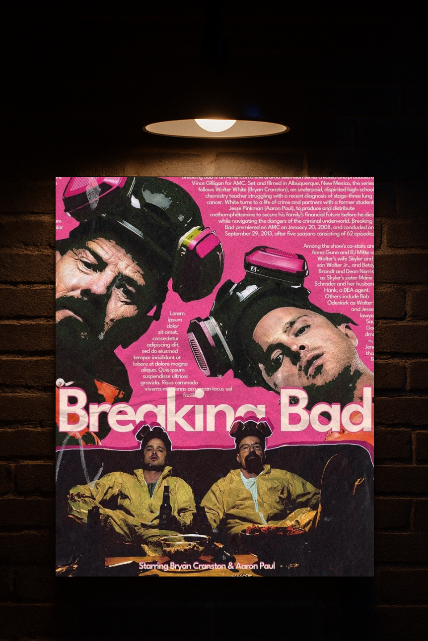Poster of 'Breaking Bad' with characters in front of a pink background printed on velvet 