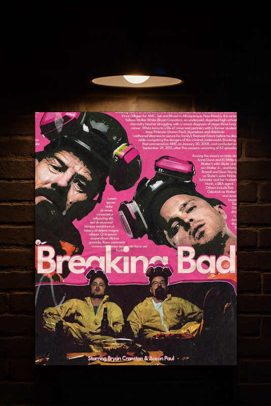 Poster of 'Breaking Bad' with characters in front of a pink background printed on velvet 
