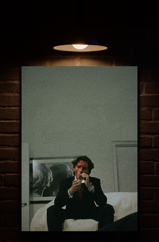 Bruce Wayne on a bed in a room with a mirror reflecting his image printed on velvet.