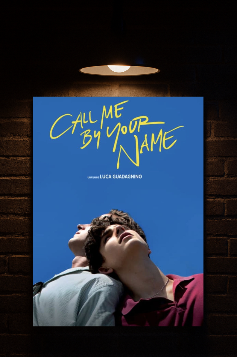 Movie poster for 'Call Me By Your Name' with two people against a blue sky printed on velvet 