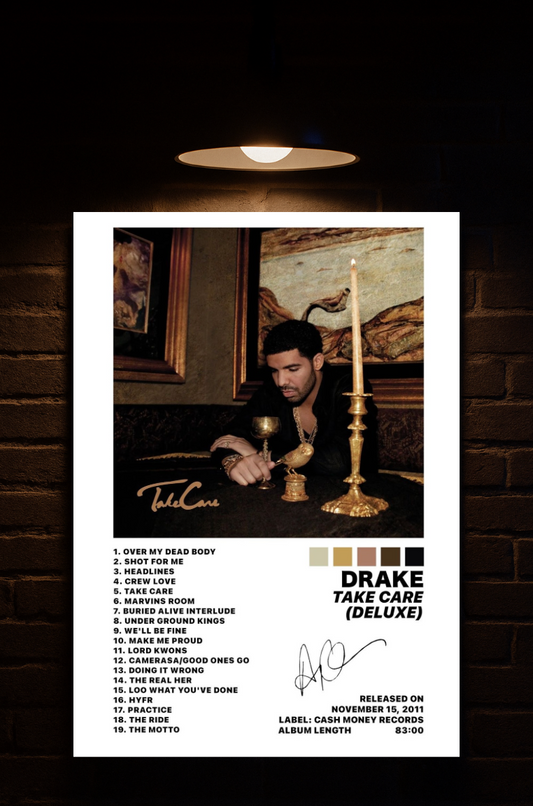 Promotional poster for Drake's 'Take Care' album with tracklist and cover art on a dark background printed on velvet 