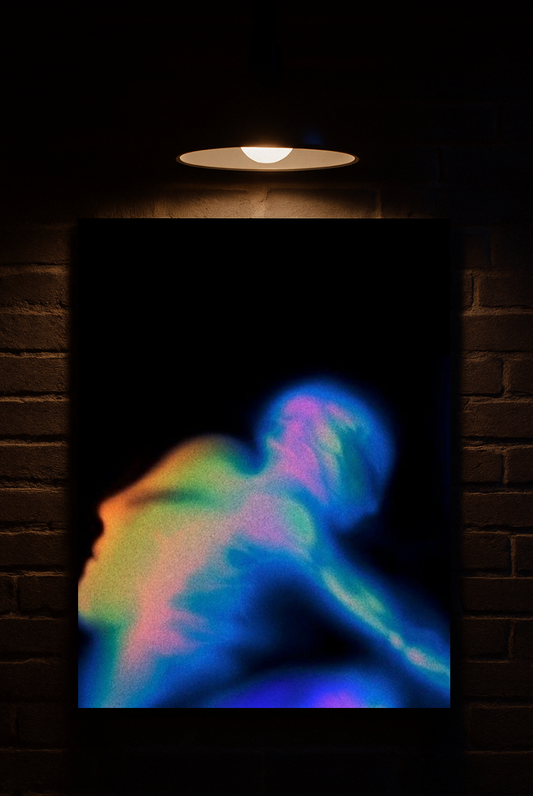 Colorful abstract art piece on a dark background with a light fixture above printed on velvet 