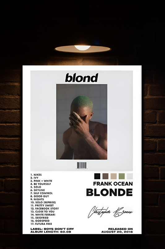 Album cover for 'Blonde' by Frank Ocean with a person holding their face on a white background printed on velvet 