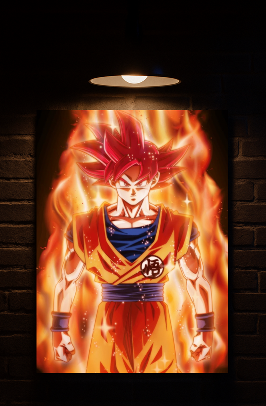 Light fixture with Goku design on a dark background Super Saiyan God printed on velvet 