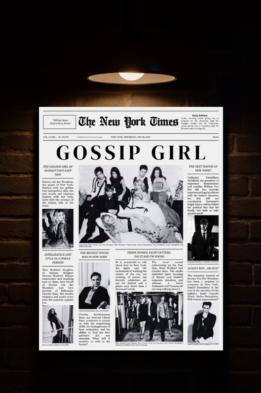Newspaper-style poster of 'Gossip Girl' with black and white photos and text on a dark background printed on velvet 