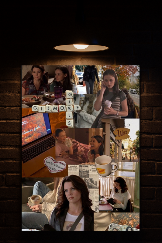 'Gilmore Girls' with text overlay on a dark brick wall custom velvet canvas Pakistan