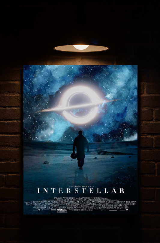 Movie poster for 'Interstellar' with a person facing a wormhole on a dark background printed on velvet 