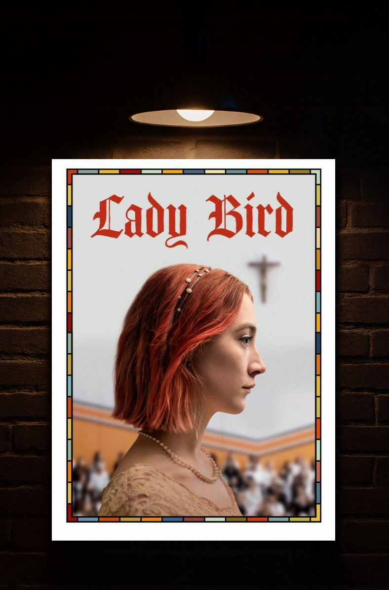 Poster of 'Lady Bird' with a woman's profile against a colorful background printed on velvet 