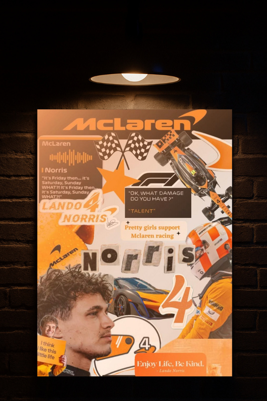 McLaren promotional poster with Lando Norris featuring racing elements and text printed on velvet 