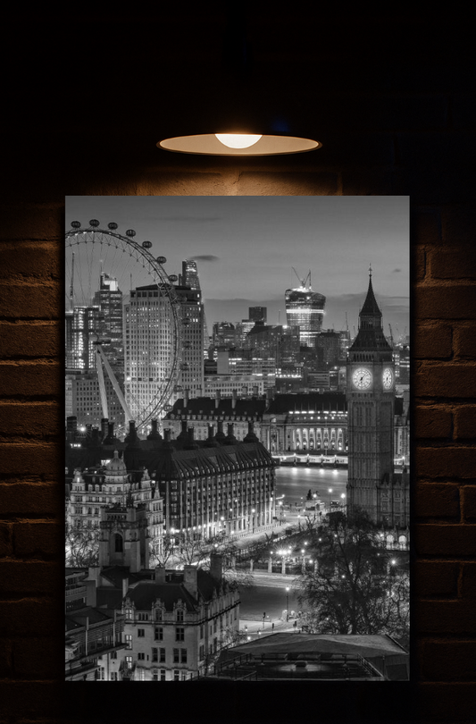 Framed black and white London Skyline on a brick wall printed on velvet 
