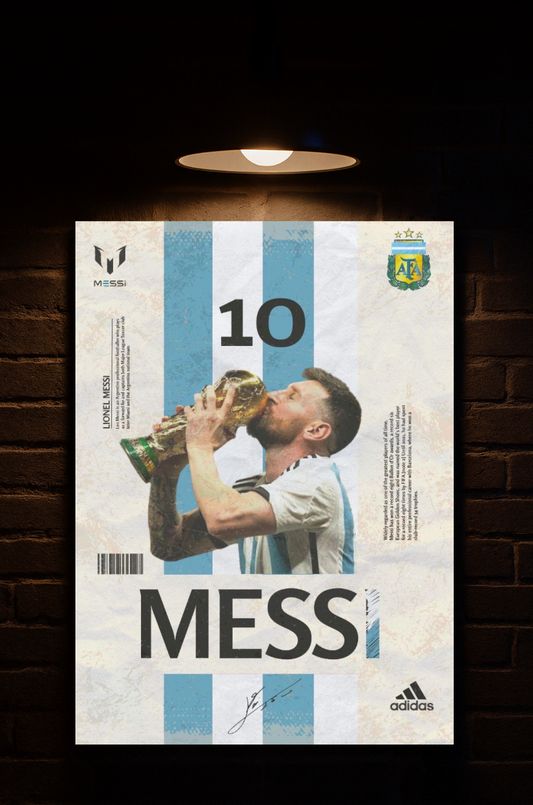 Poster of a Messi in Argentina holding a trophy with 'Messi' and number '10' on a striped background printed on velvet 