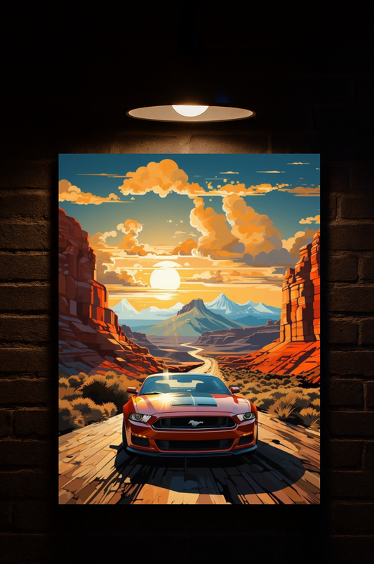 Framed artwork of a Mustang on a desert road with mountains and sunset printed on velvet 