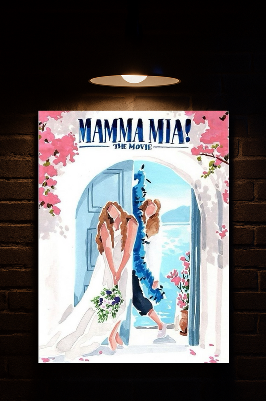Poster for 'Mamma Mia!' with two characters embracing in front of a door printed on velvet 