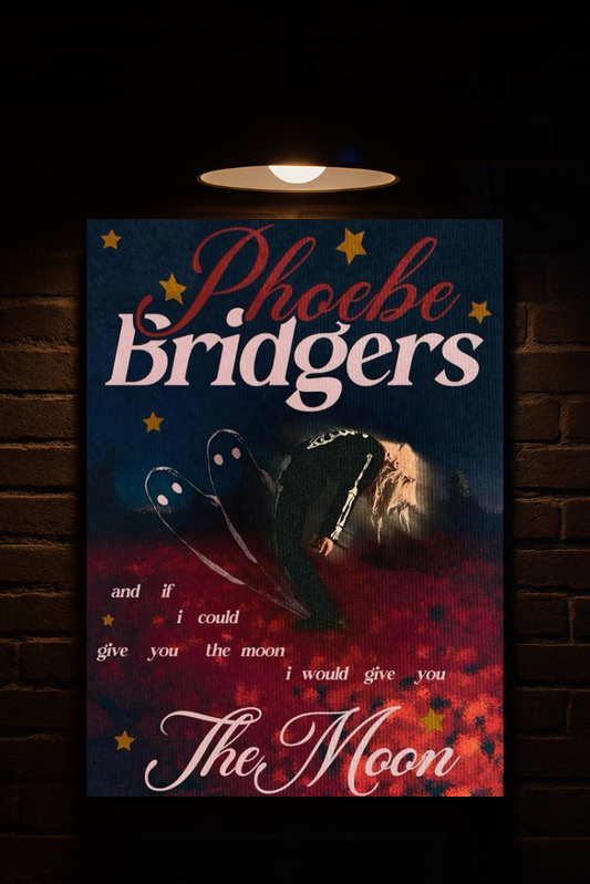 Poster of Phoebe Bridgers with a dark background and text printed on velvet 