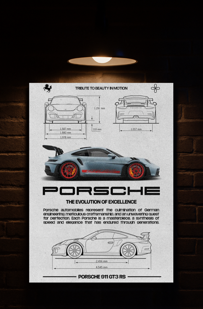 Poster of Porsche GT3 RS with technical drawings and text on a dark brick wall background printed on velvet 