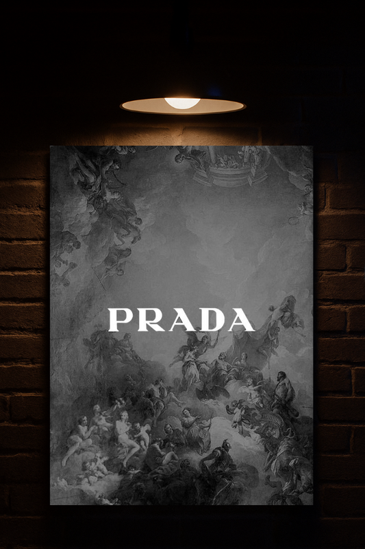 Prada poster with classical design on a brick wall background printed on velvet 