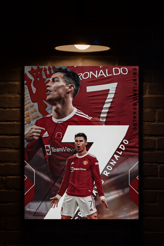 Poster of Ronaldo in a red jersey with number 7 on a dark brick wall printed on velvet 