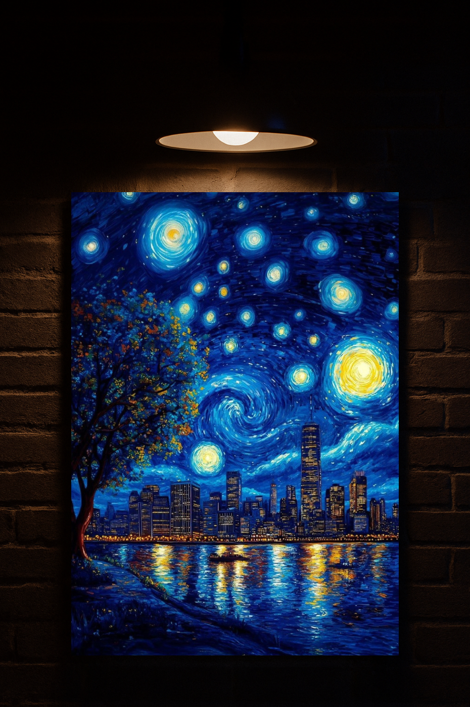 Starry night sky over a cityscape with lights on a brick wall background printed on velvet 
