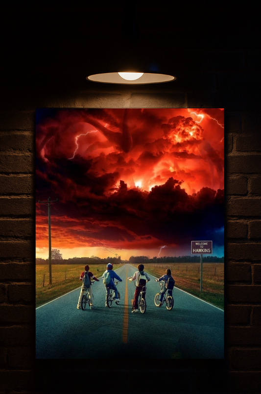 Poster of stranger things on bicycles under a dramatic sky with a brick wall background printed on velvet 