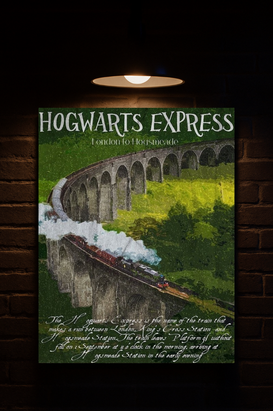 Poster of Hogwarts Express with a train and viaduct on a dark background printed on velvet 