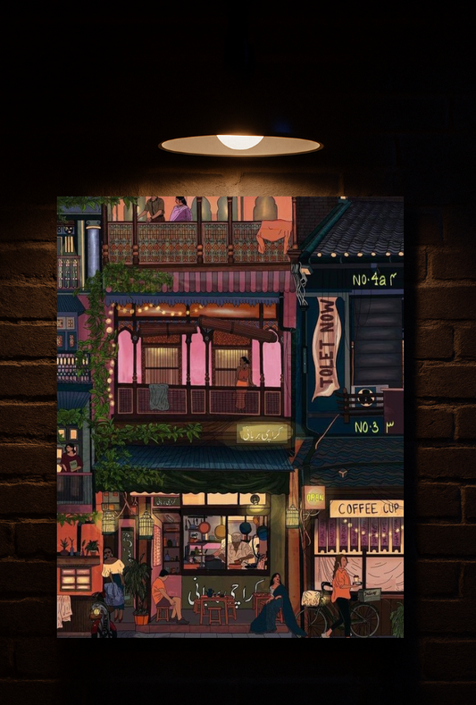 Illustrated street scene with buildings and people on a dark background printed on velvet 