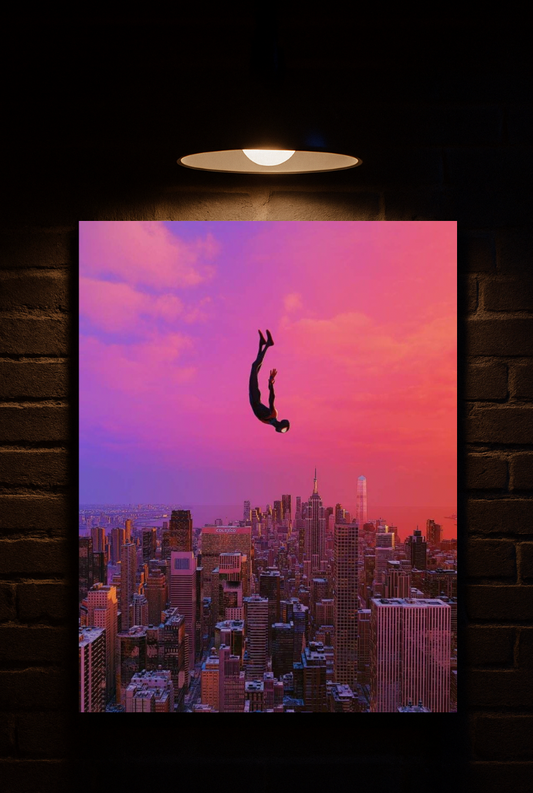 Miles Morales Spiderman falling from sky into New York City skyline with pink and purple hues printed on velvet 
