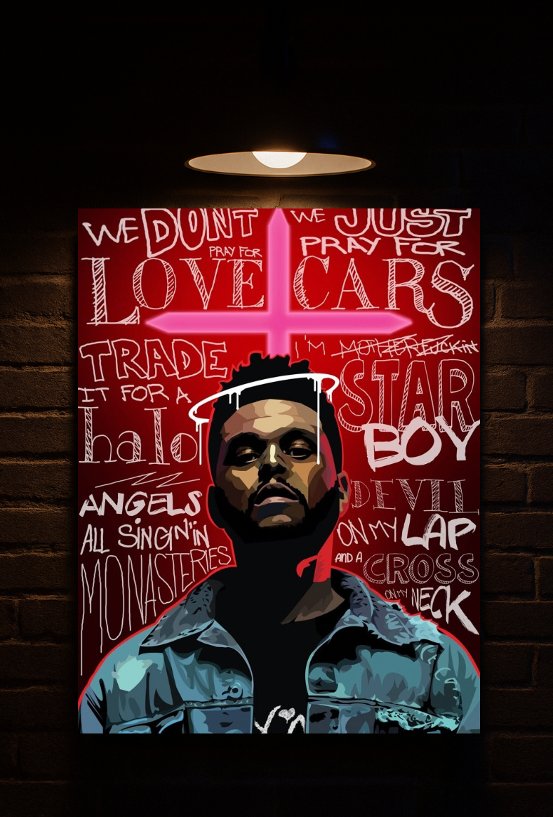 Lamp with a design of The Weeknd and text on a red background, mounted on a brick wall printed on velvet