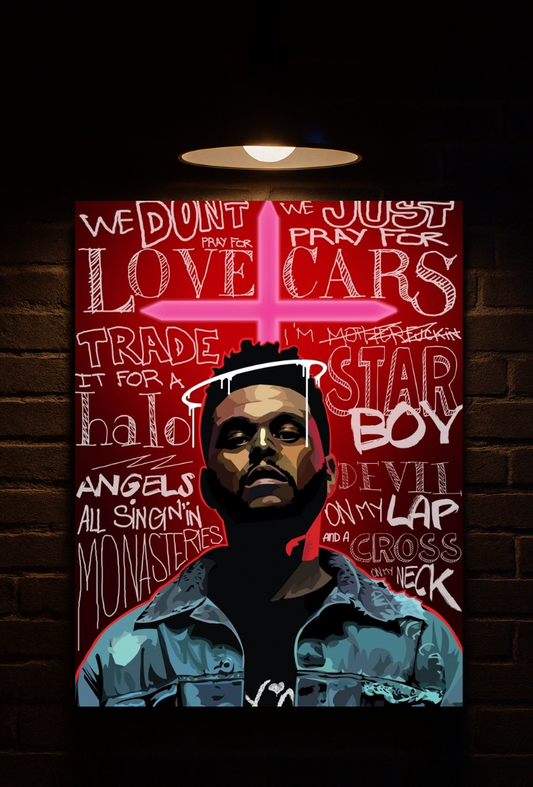 Lamp with a design of The Weeknd and text on a red background, mounted on a brick wall printed on velvet