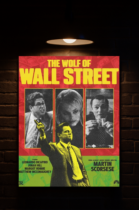 Movie poster for 'The Wolf of Wall Street' with characters' images and title on a red and green background printed on velvet 