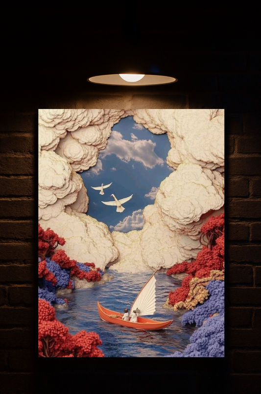 velvet printed framed artwork of a sailboat scene with clouds and birds on a dark wall printed on velvet 